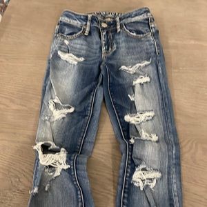 Jeans, American Eagle, size 0, super stretch, the perfect blue color, ripped.